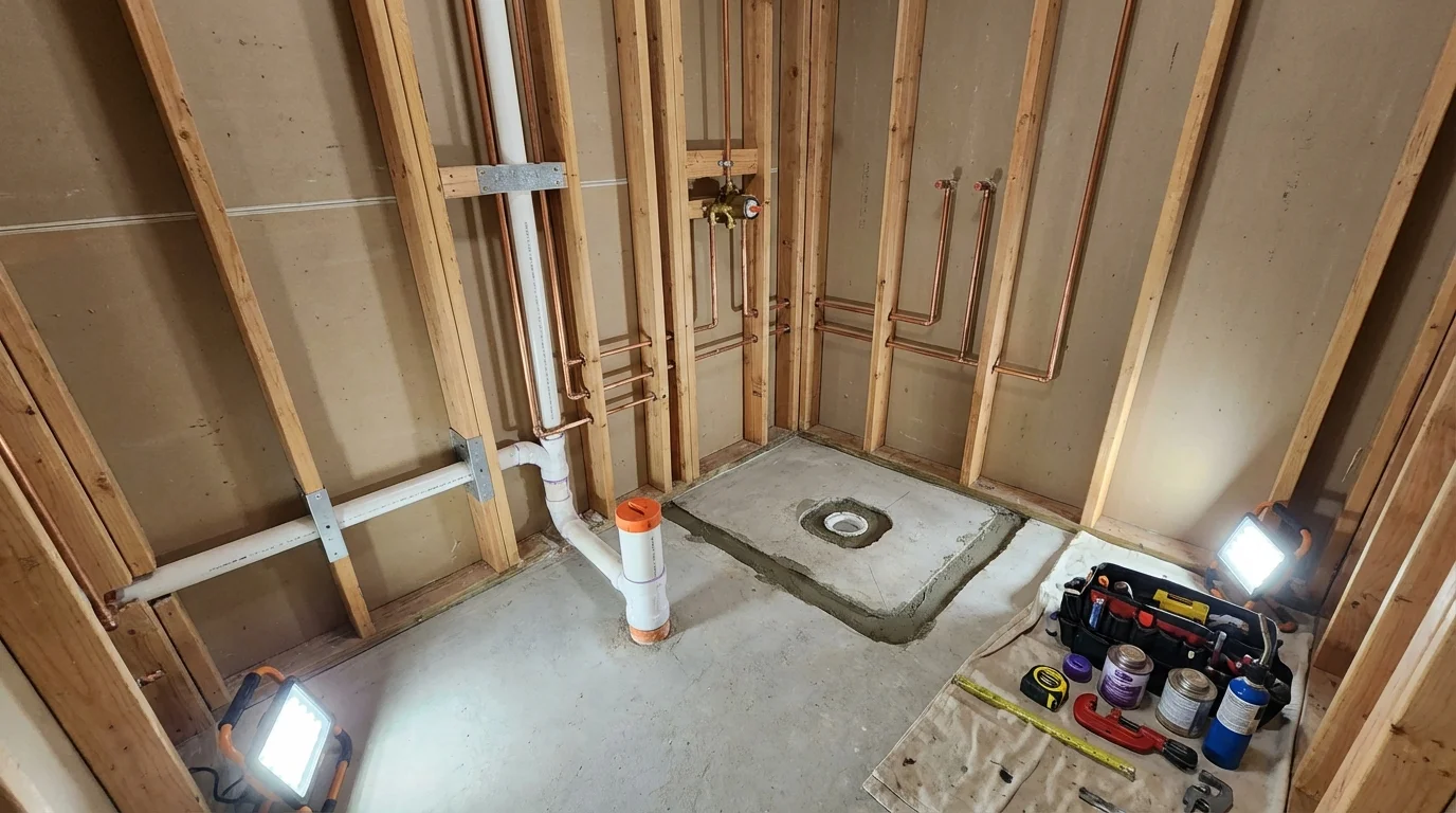 Bathroom rough-in plumbing during remodel by Johns Plumbing LLC in Creswell