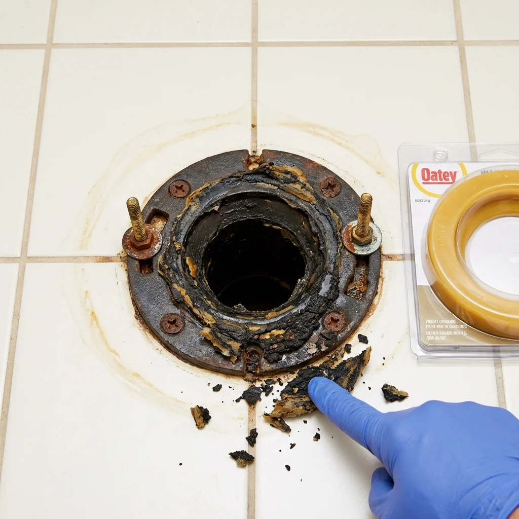 Failed wax ring showing water seepage at the base of a toilet in a Creswell, OR home