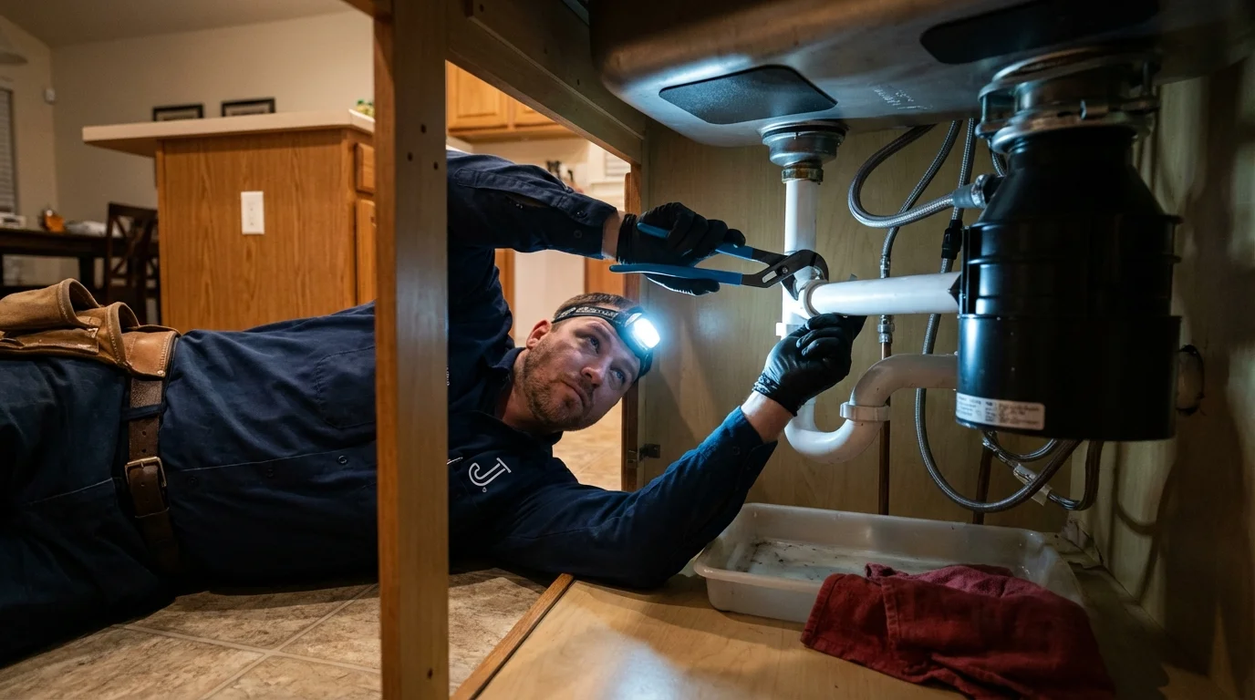 P-trap and supply line connections under a kitchen sink showing a common leak point in Creswell, OR